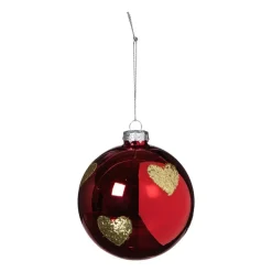 Kerstbal met gouden hartjes - rood/goud