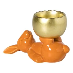 Waxinelichthouder haas - oranje/goudkleurig - 8.5x13x6.5 cm